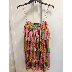 Tracy Feith 100% Silk Floral Mod Print Tiered Sleeveless Blouse Top Pink Sz XS